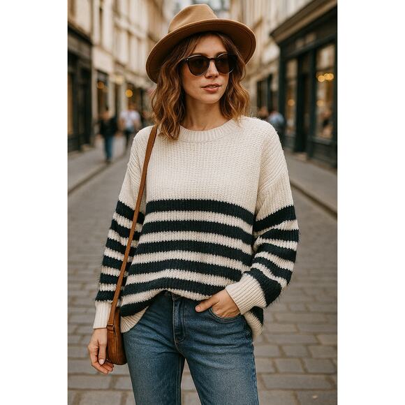 Easel Oversized Sweater Ivory Black Stripe Eyelash Knit Pullover Cozy L/XL - Picture 2 of 13